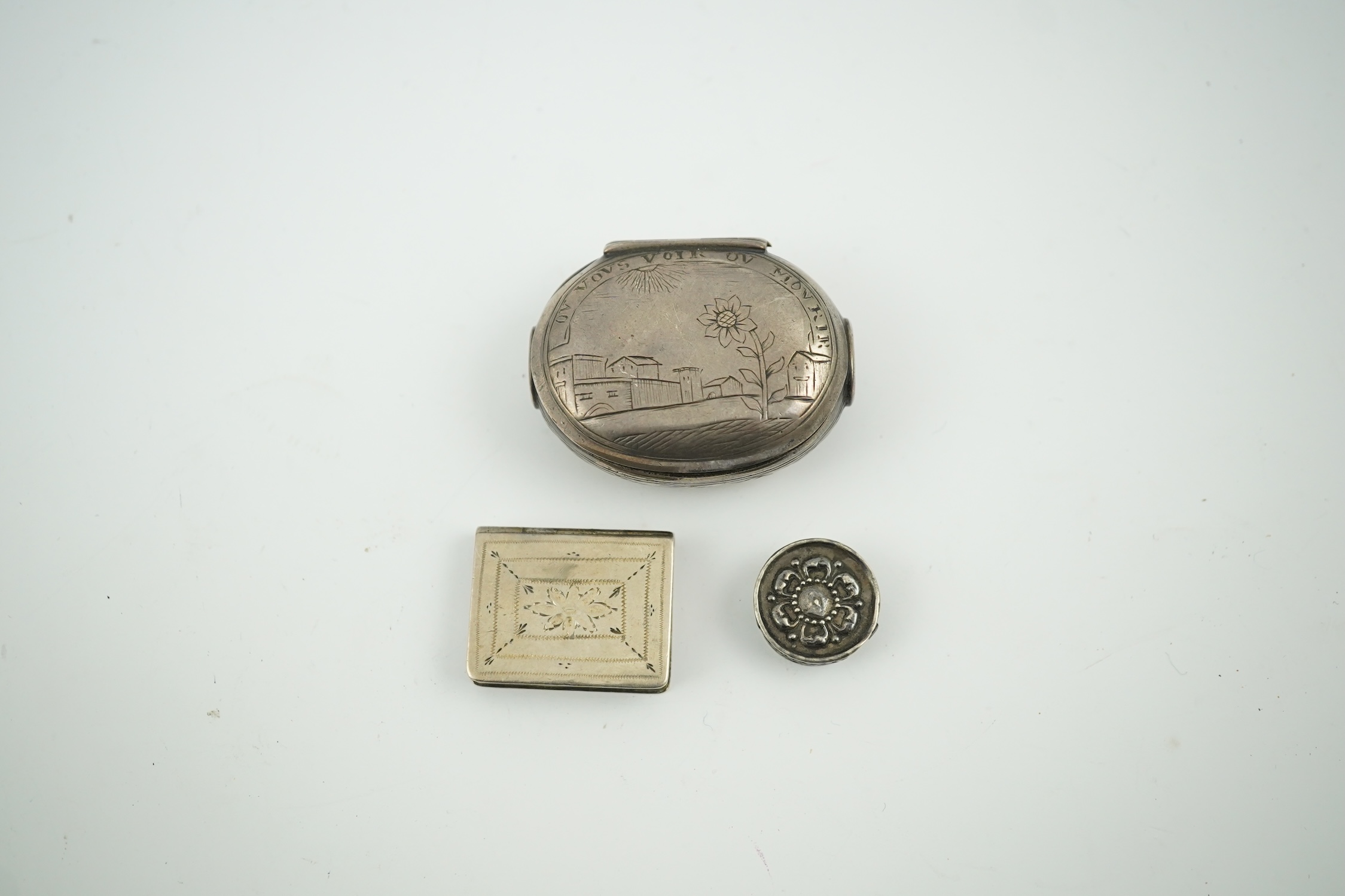 A 17th century style miniature silver snuff box, 40mm, a miniature 'book' box and a token/counter box with one counter. Condition - poor to fair